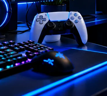 Kontrollues i bardhë mbi një tavolinë gaming