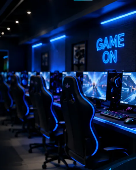 Rreshta stacionesh PC gaming me karrige të ndriçuara blu